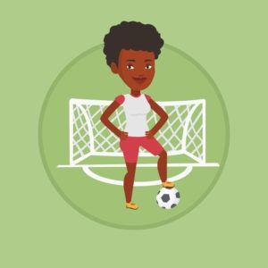 African-american sportswoman standing with football ball on the stadium. Football player standing with a soccer ball on the field. Vector flat design illustration in the circle isolated on background.