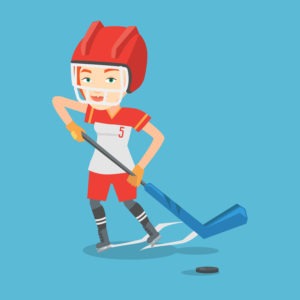 Young caucasian sportswoman playing ice hockey. Female ice hockey player in uniform skating on a rink. Female ice hockey player with a stick and puck. Vector flat design illustration. Square layout.